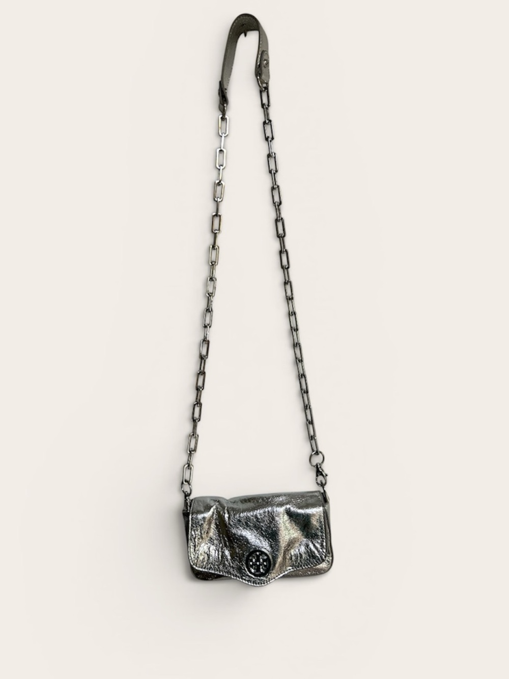 Authentic Tory Burch Metallic Silver Mini Robinson Chain Purse Crossbody Bag